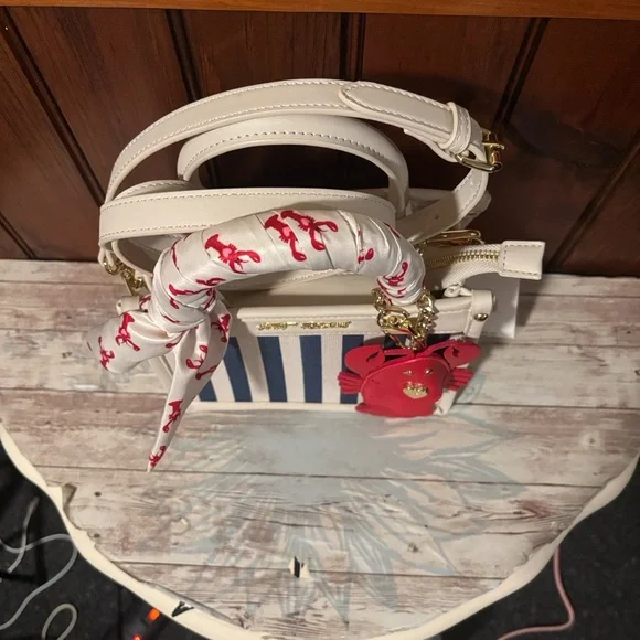 Betsy Johnson Navy and White Striped Mini Bag with Red Lobster Charm - Picture 4 of 14